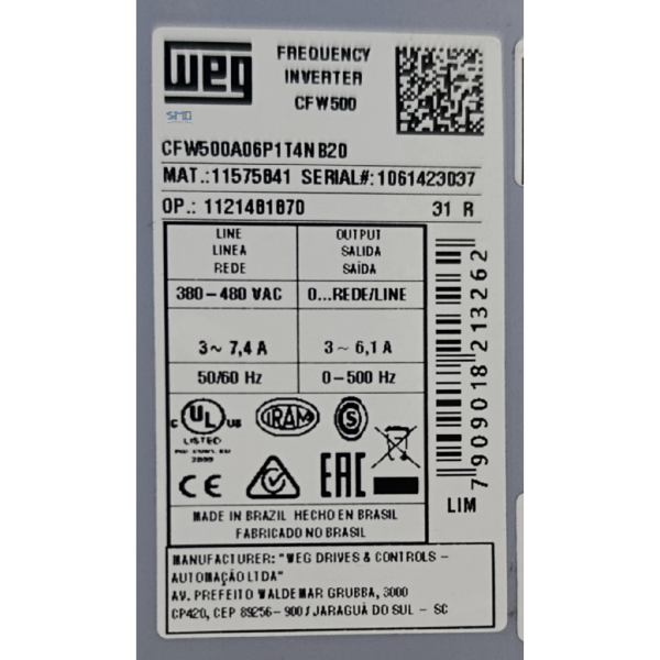INVERSOR DE FREQUÊNCIA 3CV 6,1A 380-480V WEG CFW500A06P1T4NB20 - Image 5