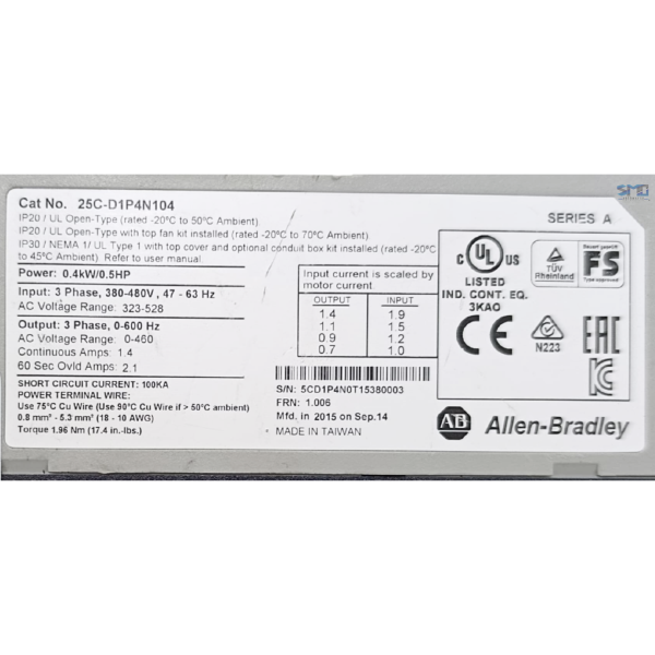 INVERSOR DE FREQUÊNCIA 0.5CV 1.4A ALLEN BRADLEY 25C-D1P4N104 - Image 5