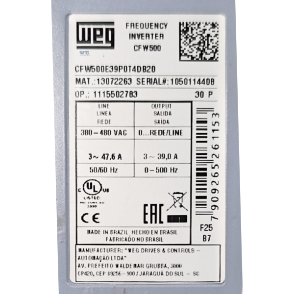 INVERSOR DE FREQUÊNCIA 25CV 39A 380-480V WEG CFW500E39P0T4DB20 - Image 5