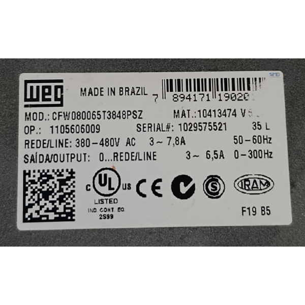 INVERSOR DE FREQUÊNCIA 3CV 6,5A 380-480V CFW080065T3848PSZ - Image 6