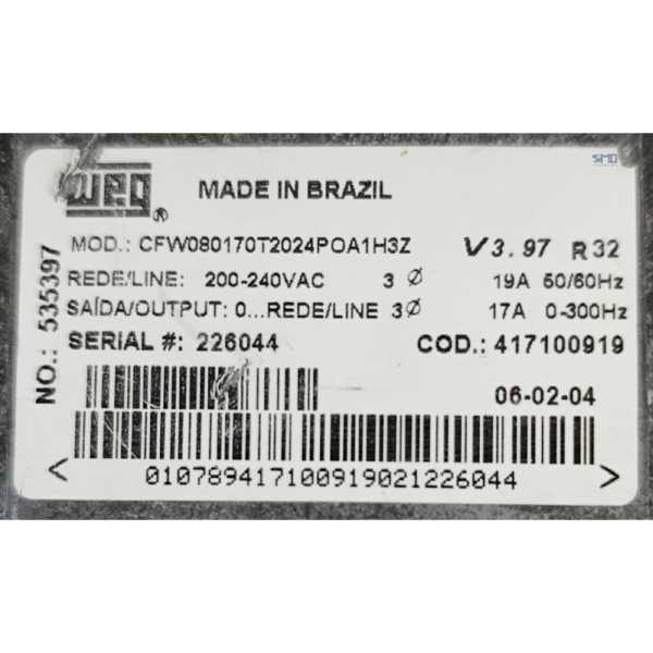 INVERSOR DE FREQUÊNCIA 5CV 17A 220V WEG CFW08170T2024POA1H3Z - Image 9